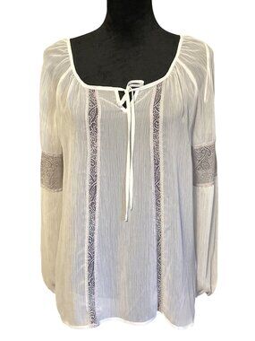 Princess Verano Womens White Peasant Blouse With Lace Panels & Tie Neck